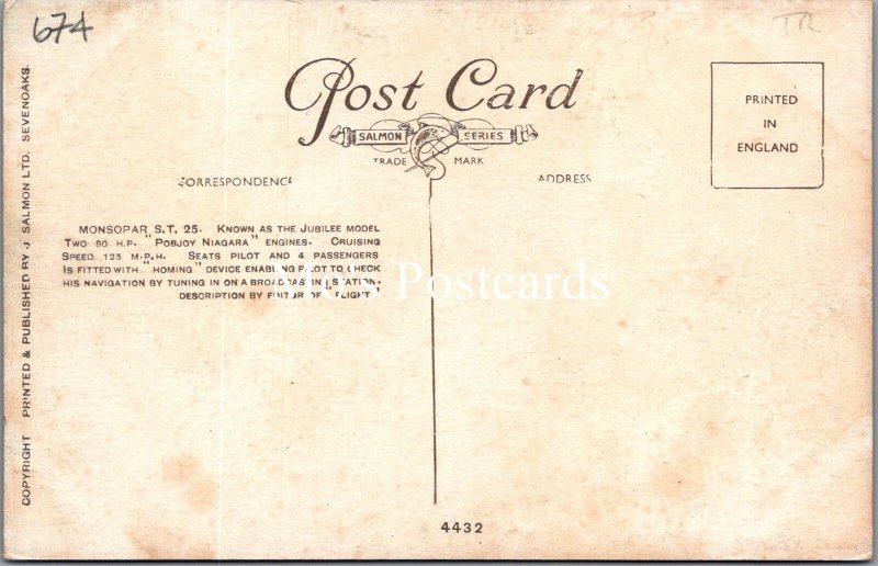 Aviation Postcard - Monspar, S.T 25, Jubilee Model Aeroplane  SW16582
