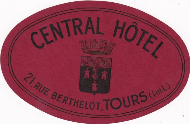 France Tours Central Hotel Red Vintage Luggage Label sk2142