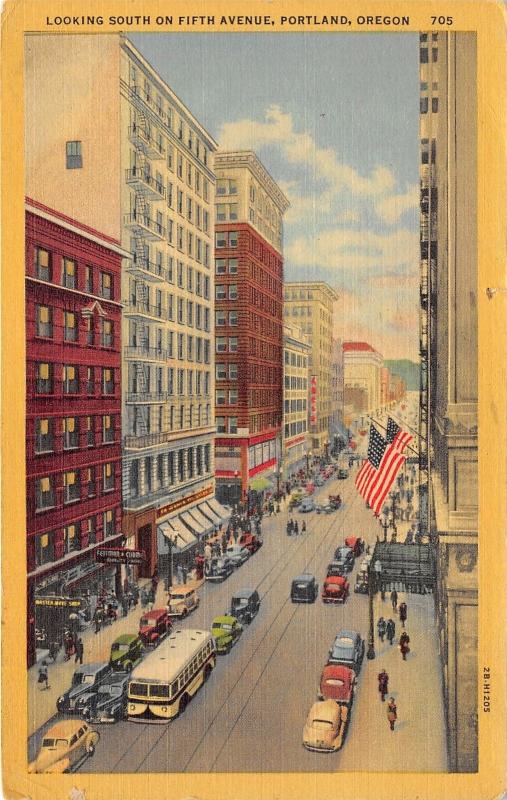 Portland Oregon~Fifth Avenue South~Crowds @ Storefronts~1940s Bus & Cars