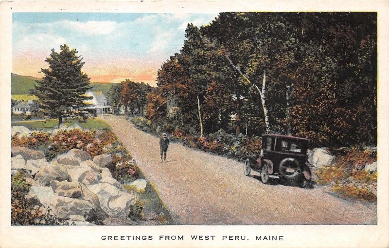 West Peru Maine~Man & Car on Country Road~Houses Bknd~Oxford County~'29 Postcard