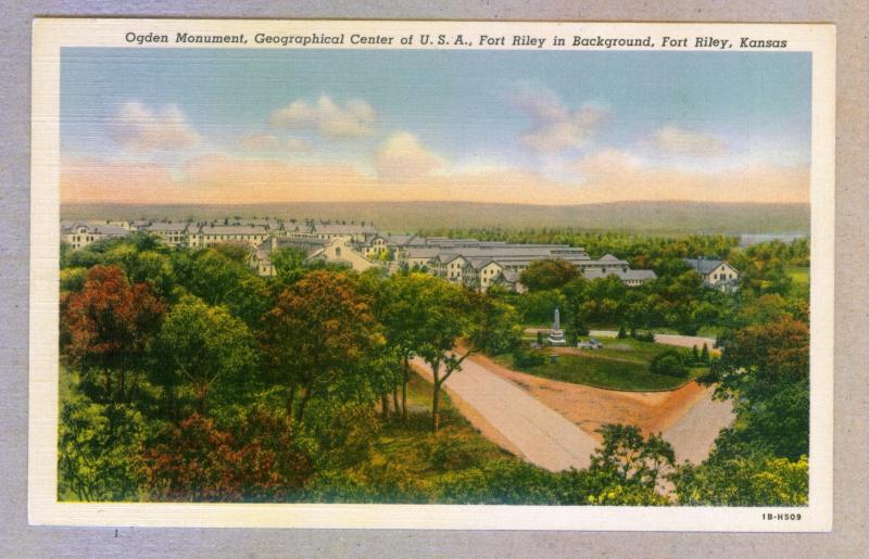 Ogden Monument, US Geographical Center, Fort Riley, Kansas unused linen Postcard