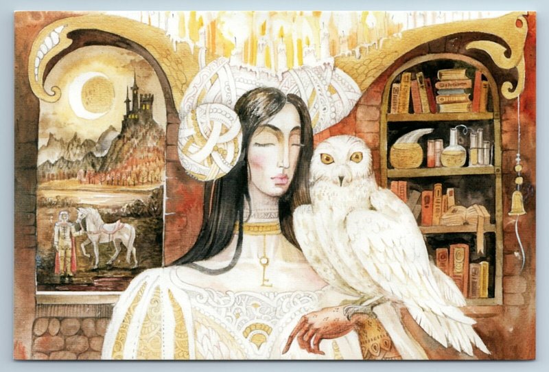 WOMAN LADY with Wise OWL Princess Interior Unusal Graphic ART NEW Postcard