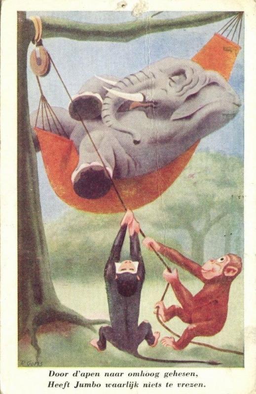 Elephant in Hammock hoisted by Monkeys (1949) Artist Signed R. Goris Postcard