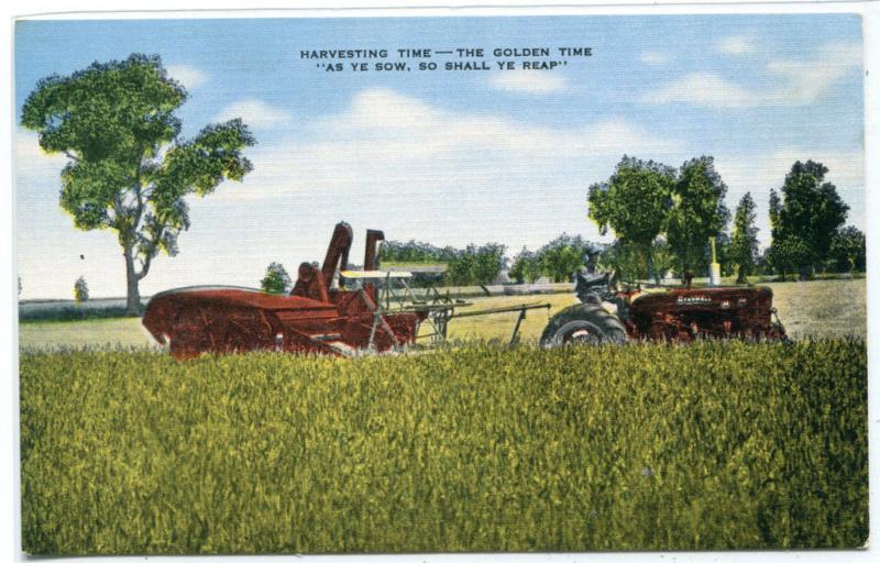 Tractor Threshing Harvest Time Farming linen postcard