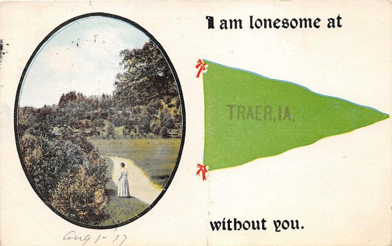 Traer Iowa~Lonesome Victorian Lady by Bush in Park~1917 Pennant Postcard