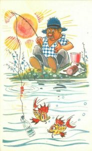 Artist impression Comic Humor 1950s man Fishing Cold Beer Postcard 21-4353
