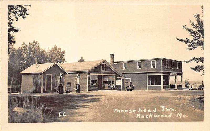 Rockwood ME Moose Head Inn Tydol Gas Station Croft Ale Sign Real Photo Postcard