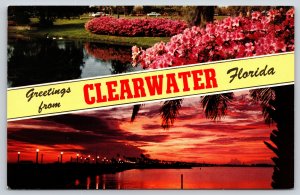 Banner Greeting~Clearwater Florida~Sylvan Abbey & Sunset Over Bay~Vtg Postcard