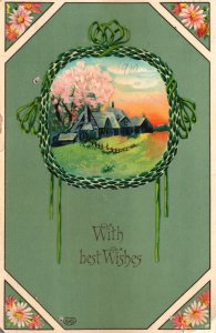 Vintage Postcard 1910's With Best Wishes Landscape Flowers Border Green Card 