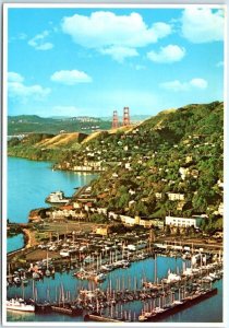 Aerial view with its marina and Golden Gate Bridge - Sausalito, California