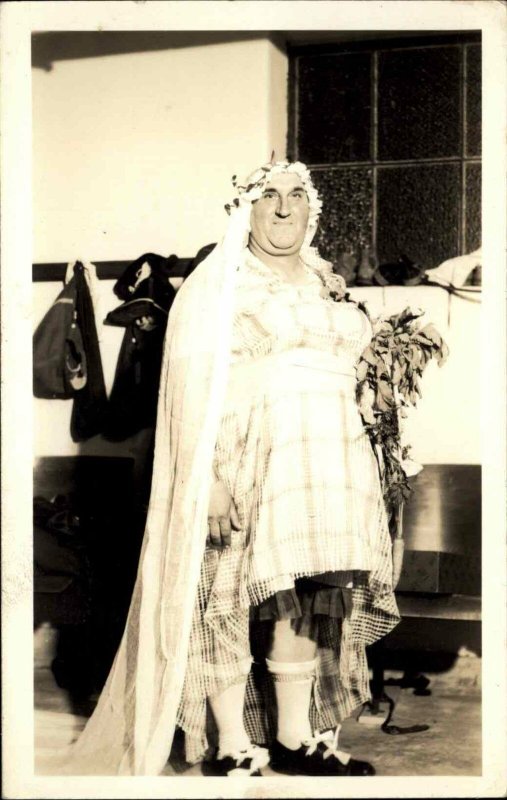 Unusual Bizarre Obese Man Crossdressing as Wedding Bride Real Photo Postcard