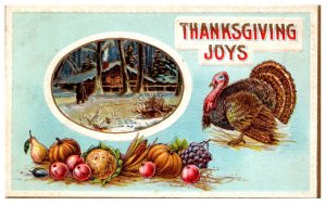 Thanksgiving   Tom Turkey, Log cabin, Vegtables  and Fruit