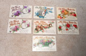 Lot of 7 Antique New Years Greetings As Time Rolls On Postcards Embossed (G)