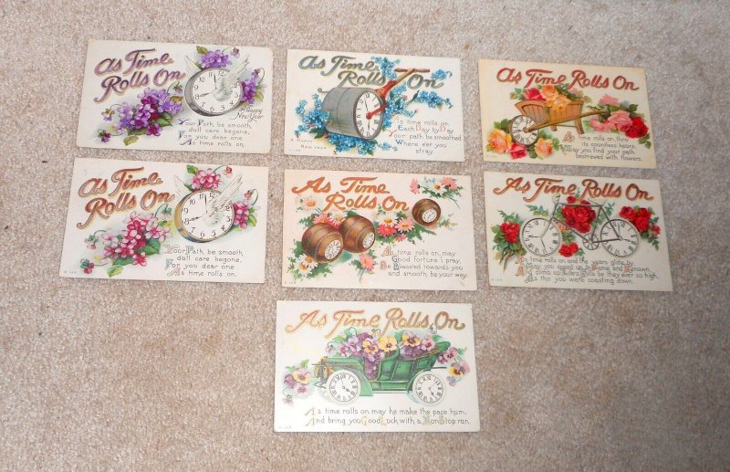 Lot of 7 Antique New Years Greetings As Time Rolls On Postcards Embossed (G)