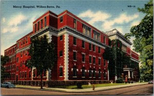 Postcard PA Wilkes-Barre Mercy Hospital Old Car Hydrant LINEN 1940s S23