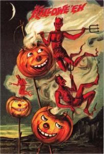 Halloween Devils and Jack-O-Lanterns in Bleak Landscape Repro Postcard #30