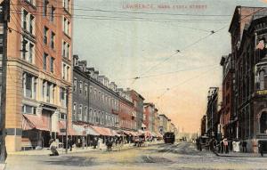 Lawrence Massachusetts~Essex Street Businesses~Trolley~Ladies on Sidwalks~1908  