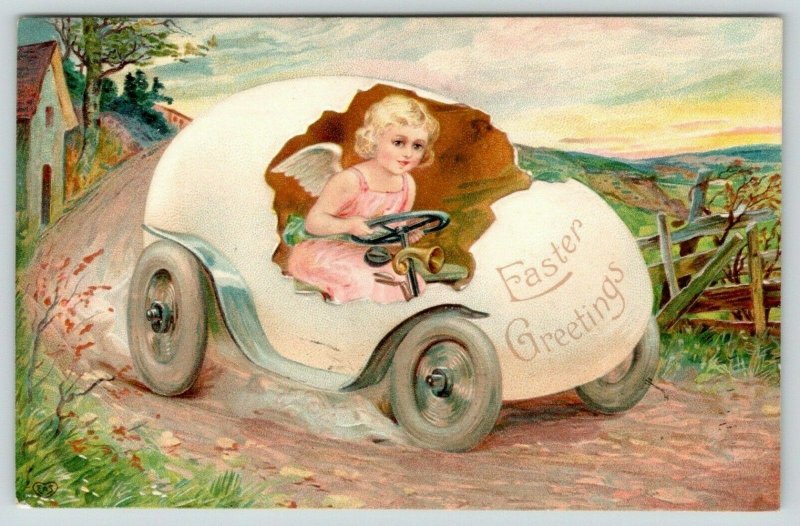 Easter Fantasy~Lil Pink Angel Girl Speeds Along Country Road in Egg Car~Emboss  