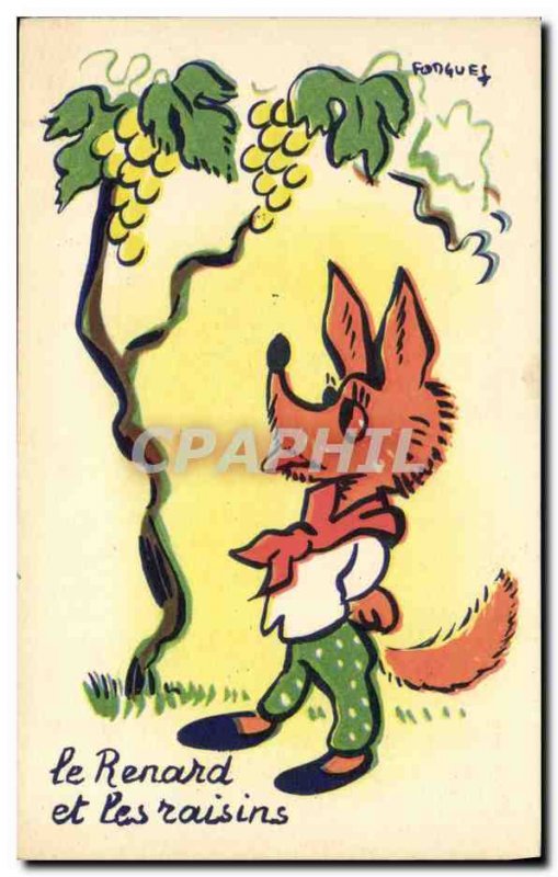 Old Postcard The fox and the grapes