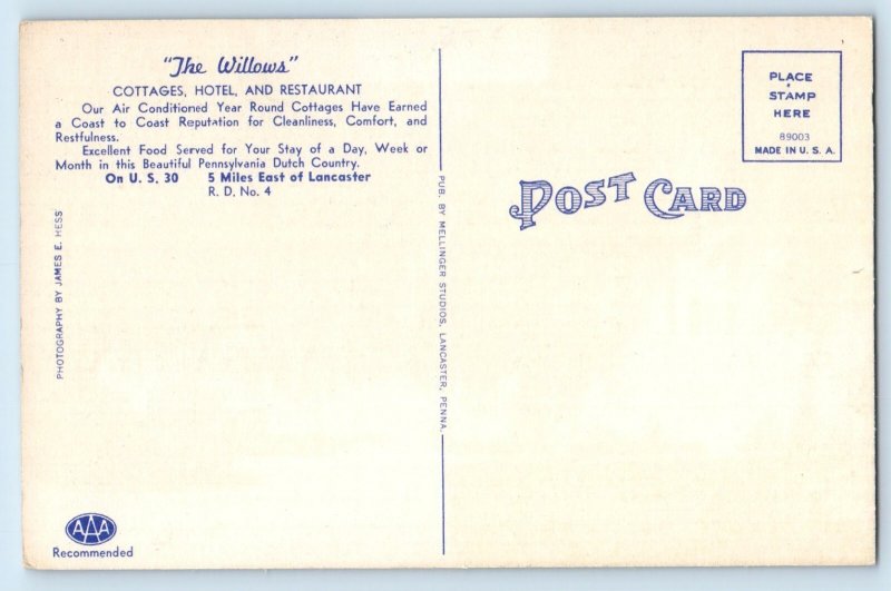c1940 Lancaster Pennsylvania Vintage Postcard Willows Cottages Hotel Restaurant