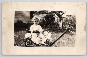 RPPC Young Child In Stroller Buggy Seat Pull Cart with Lily Flowers Postcard T21