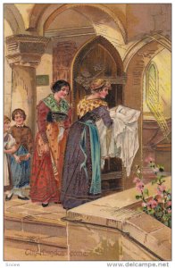 Thy Kingdom come, Women and children entering church for a baptism of baby,...