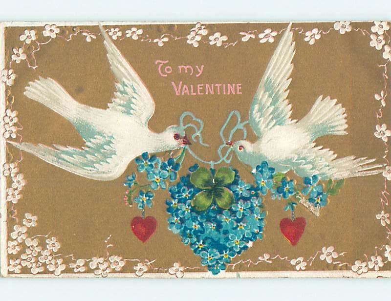 Divided-Back valentine TWO WHITE DOVE BIRDS CARRYING RIBBON o5035