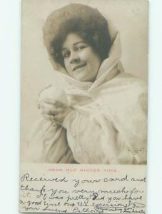 rppc Pre-1907 WOMAN THROWING A SNOWBALL AC8044