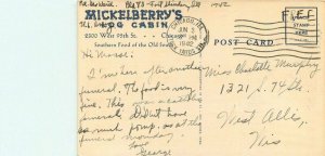 Chicago Illinois Mickelberry's Log Cabin 1942 Postcard Bras Litho 21-10574