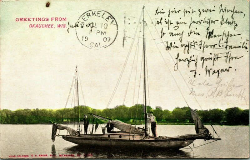 Sailboat On Water Greetings From Okauchee Wisconsin WI UDB Postcard Hand Colored