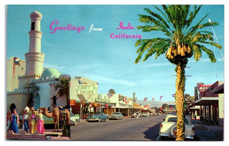 1950s/60s Greetings from Indio, CA, Kirby's Shoes, Indio Music Postcard