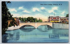 Linen~Nashua New Hampshire~Main Street Bridge Spanning River~1940s Postcard