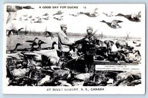 Nova Scotia Canada Postcard Hunter Gun Ducks at River Hebert 1952 RPPC Photo