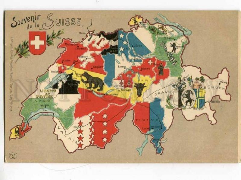 251512 Souvenir de SUISSE SWITZERLAND MAP Vintage Litho PC