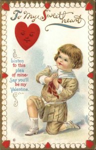 Valentine Stecher 232B Little Boy Pleads with Heart c1910 Vintage Postcard