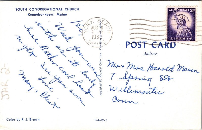 S Congregational Church Kennebunkport Maine Postcard PM York Beach ME Cancel WOB 