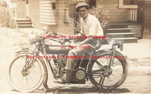 CA, Venice, California, RPPC, Man Sitting on His Indian Motorcycle, Pennant