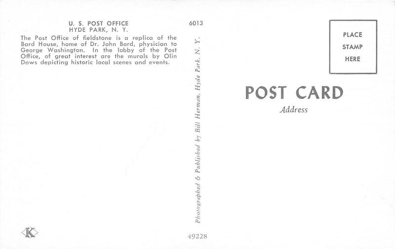 Hyde Park New York~US Post Office~Info on Back~c1960s Postcard