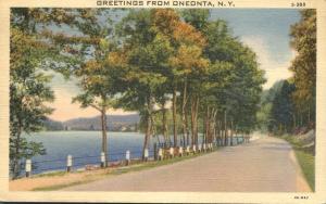 Greetings from Oneonta NY, New York - Road along Lake - pm 1939 - Linen