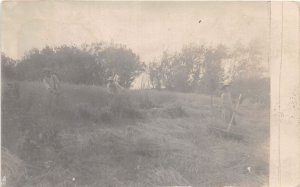 J46/ Dedham Iowa RPPC Postcard c1910 Harvest Field Farmers Kids  68