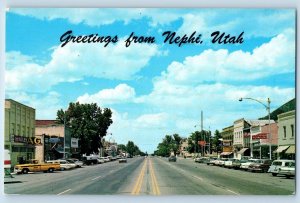 c1965 Greetings From Nephi Main Street Classic Cars Utah Correspondence Postcard