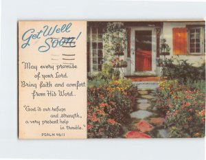 Postcard - Get Well Greeting Card with Poem, Bible Verse and House Garden Scene