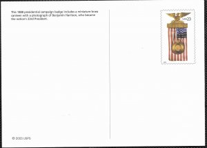 US Patriotic Postcard. 1888 Presidential Campaign Badge. issued 2003