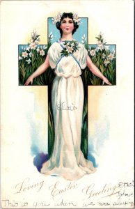 Loving Easter Greetings, Woman in White Gown Tuck Vintage Postcard Z07