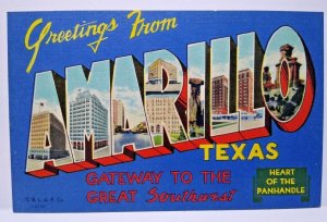 Greetings From Amarillo Texas Big Large Letter Linen Postcard Beals Unused