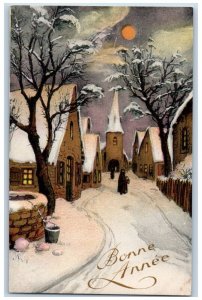 New Year Postcard Bonne Anne House Church Winter Well Full Moon Posted Vintage