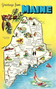 Maine ME   MAP CARD Greetings  ROADSIDE ATTRACTIONS  Chrome Postcard