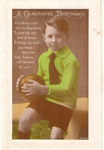 Boy in green, with a ball Berthday message  Old viintage Engliish Birthday PC