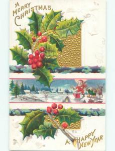 Pre-Linen Christmas SANTA CLAUS AT THE CHIMNEY WITH HOLLY AB4859