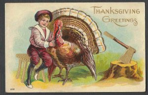 POST CARD THANKSGIVING GREETING W/TURKEY & BOY EMBOSSED CELLULOID POSTED